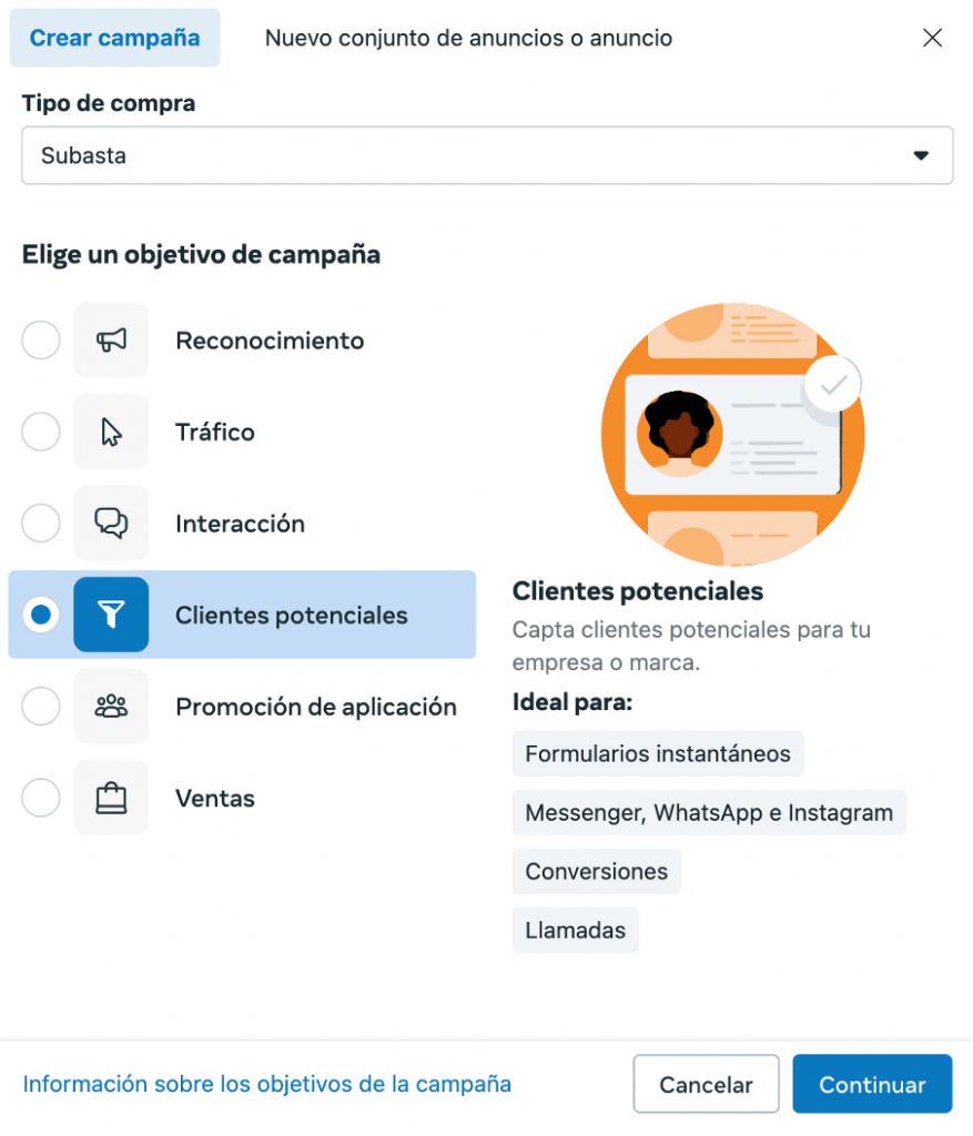 Objetivo de formularios instantáneos - email marketing y Facebook Ads