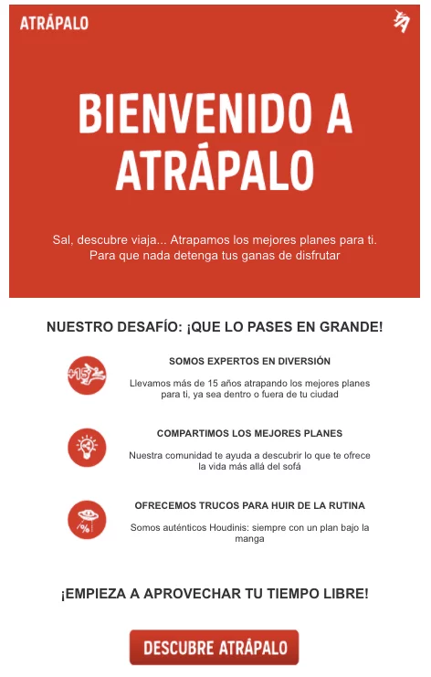 Ejemplo de campaña de bienvenida de Atrápalo