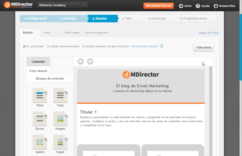 pasps para entender el editor avanzado de emails de MDirector