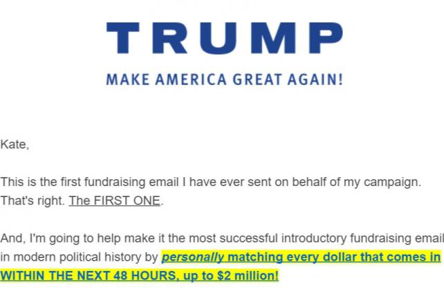 Primer email de recaudación de Trump