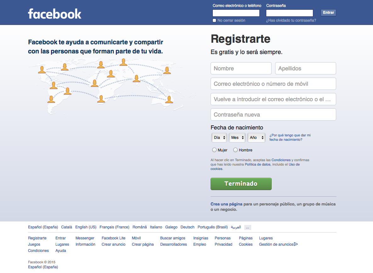 formulario de registro en Facebook