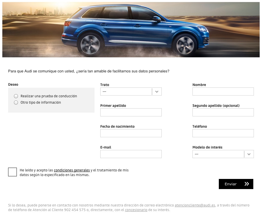 landing pages para captar leads en el sector automovilístico : Audi