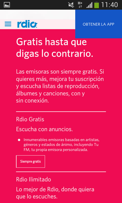 landing page móvil de RDio