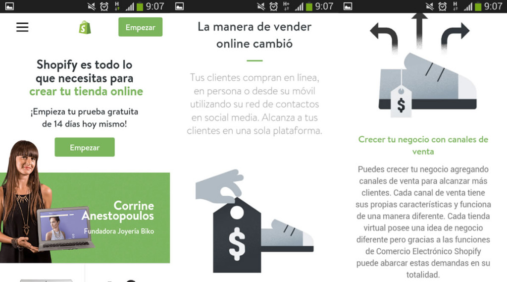 landing page móvil de Shopify