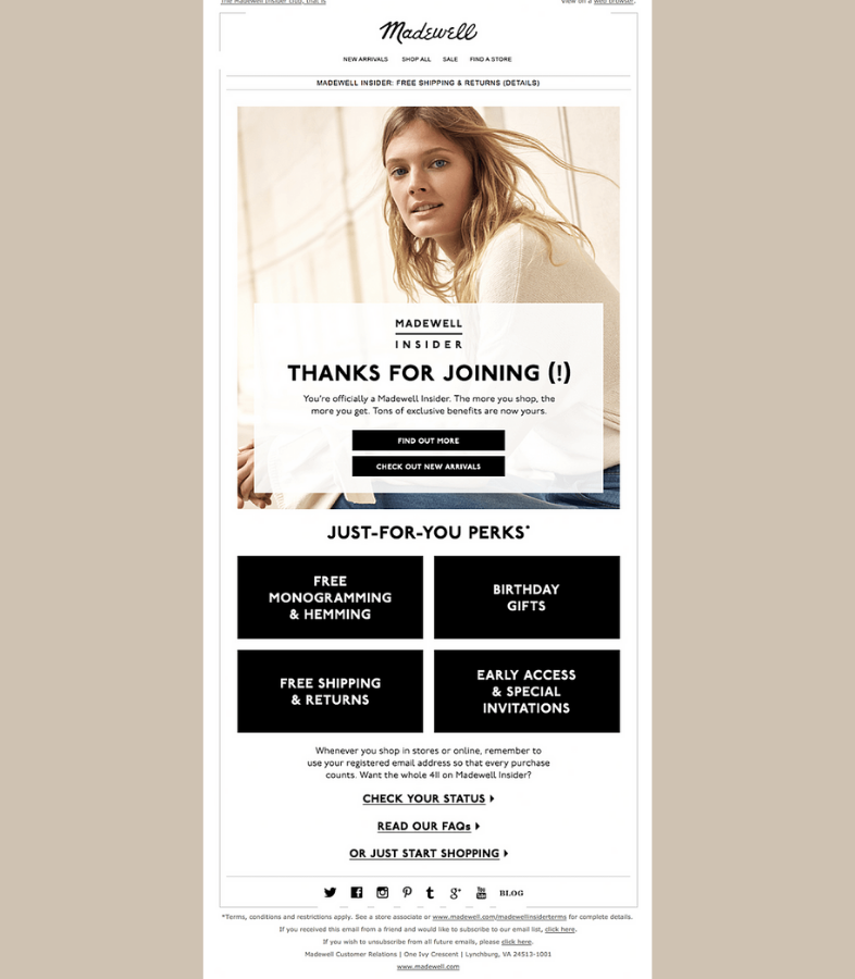 Modelo de thank you page que genera ventas de Madewell