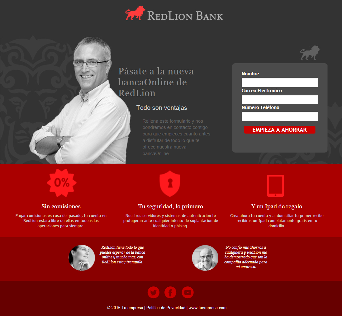 Plantillas gratis para Landing Pages en MDirector: banco