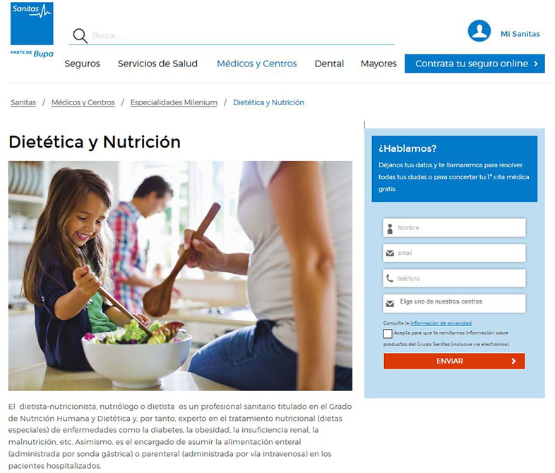 Ejemplo de landing page de Sanitas