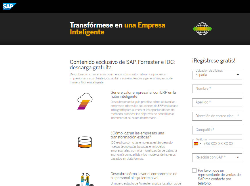 landings pages del sector tecnológico: SAP