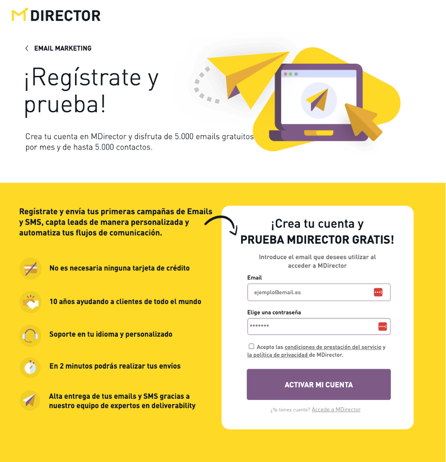 formulario de registro de Mdirector