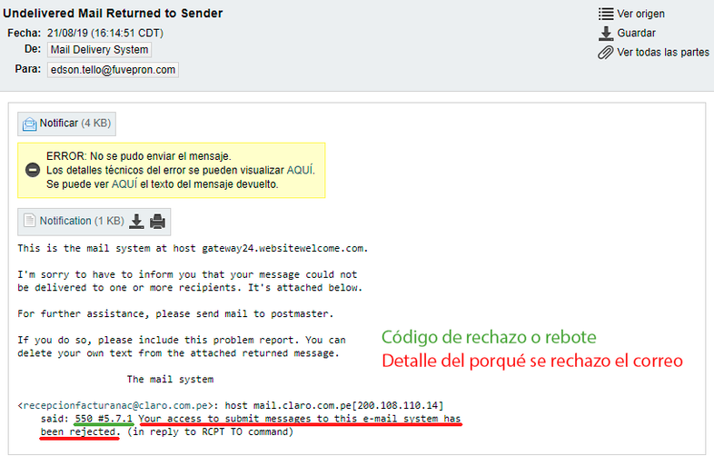 Correo rechazado