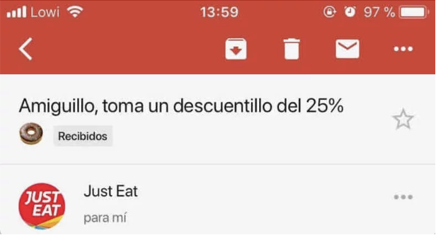 Ejemplo de asunto de email - just eat