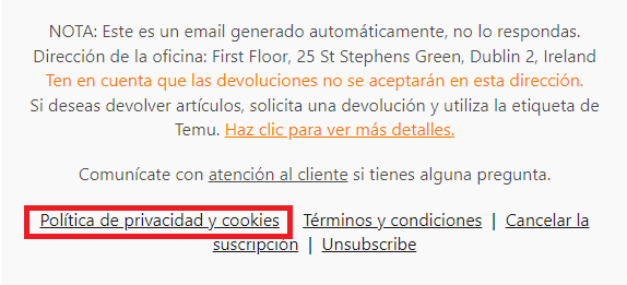 Link con la política de privacidad y cookies