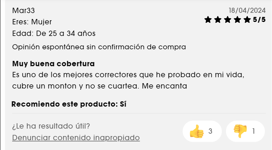 Reseña en la web de Sephora