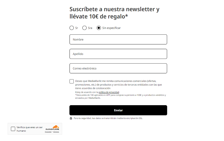 Formulario de suscripción a la newsletter de Mediamarkt